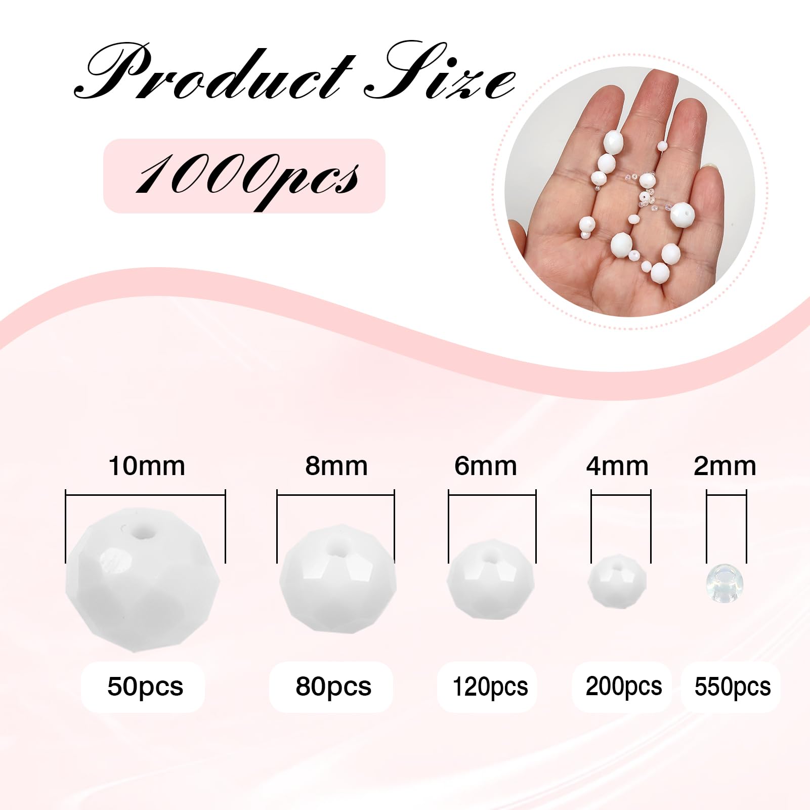 TOAOB 1000pcs Assorted White Crystal Glass Beads Faceted Spacer Bead 2mm 4mm 6mm 8mm 10mm for Jewelry Making DIY Craft Project - Image 2