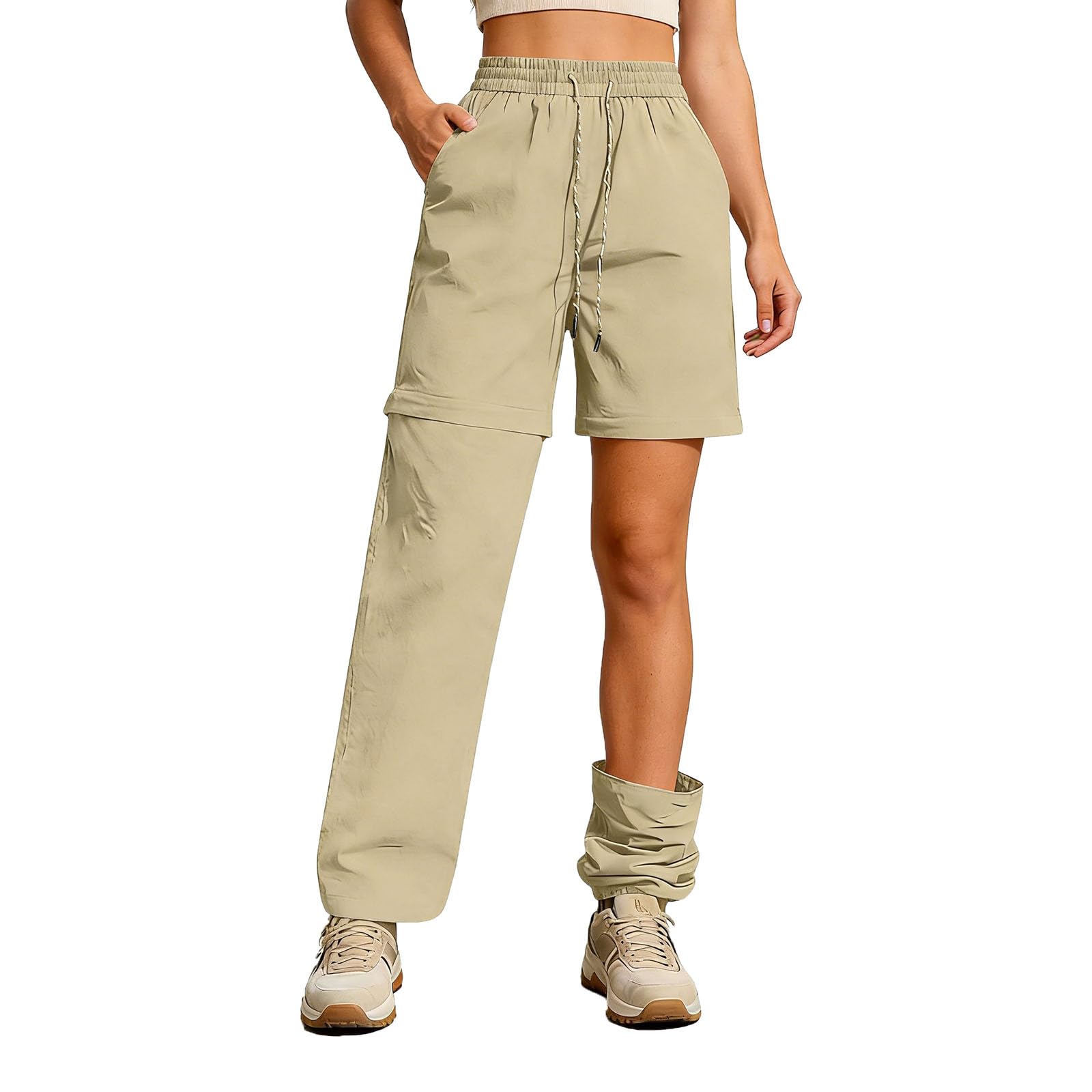 Pantalones de Senderismo para Mujer, Pantalones Mujer Desmontable de Trekking Pantalon Largo Impermeable Pants con Cordón Chandal Informales Pantalón con Bolsillo Color Sólido