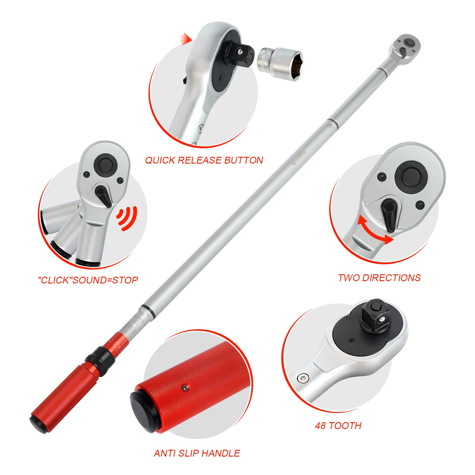 Hairich Chiave dinamometrica 3/4 pollici 200-800 N·m, precisione ±3%, testa a cricchetto a 48 denti, scatola di immagazzinaggio portatile, Torque Wrench per auto, camion e trattore
