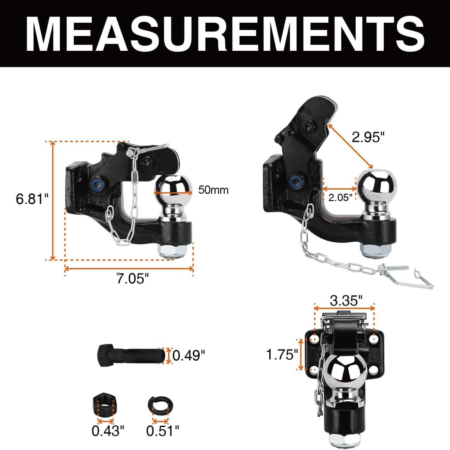HEYOUTH Gancio di traino Ø 50mm Testa a sfera, fino a 8000kg/8T Giunto combinato Testa di accoppiamento in nero, Gancio di traino a sfera, per Transporter, Pick-Up, Auto Quad, Trattore e molto altro