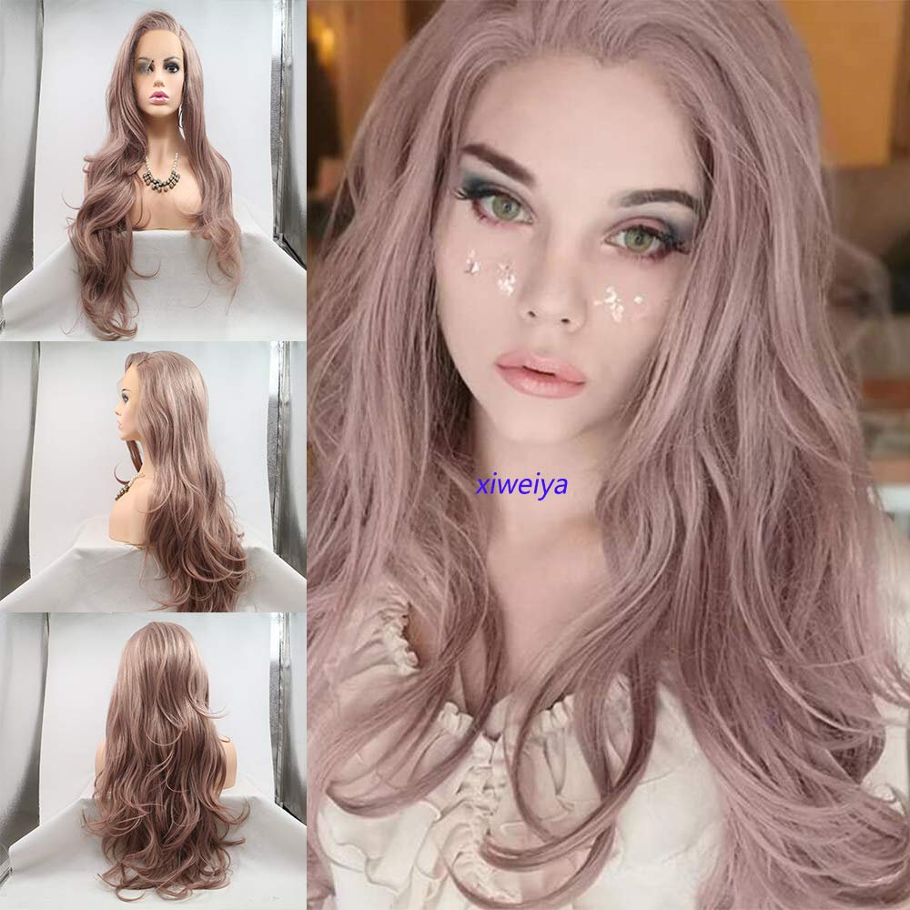 xiweiya Long Curly Dusty Pink Lace Front Wig Ash Pink Synthetic 13x3 Lace Front Wig Side Part Glueless Wigs Heat Resistant Wig 180% Density Hair for Halloween Drag Queen 24inch