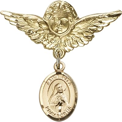 14kt Yellow Gold Baby Badge with St. Rita / Baseball Charm and Angel w/Wings Badge Pin 1 1/8 X 1 1/8 inches