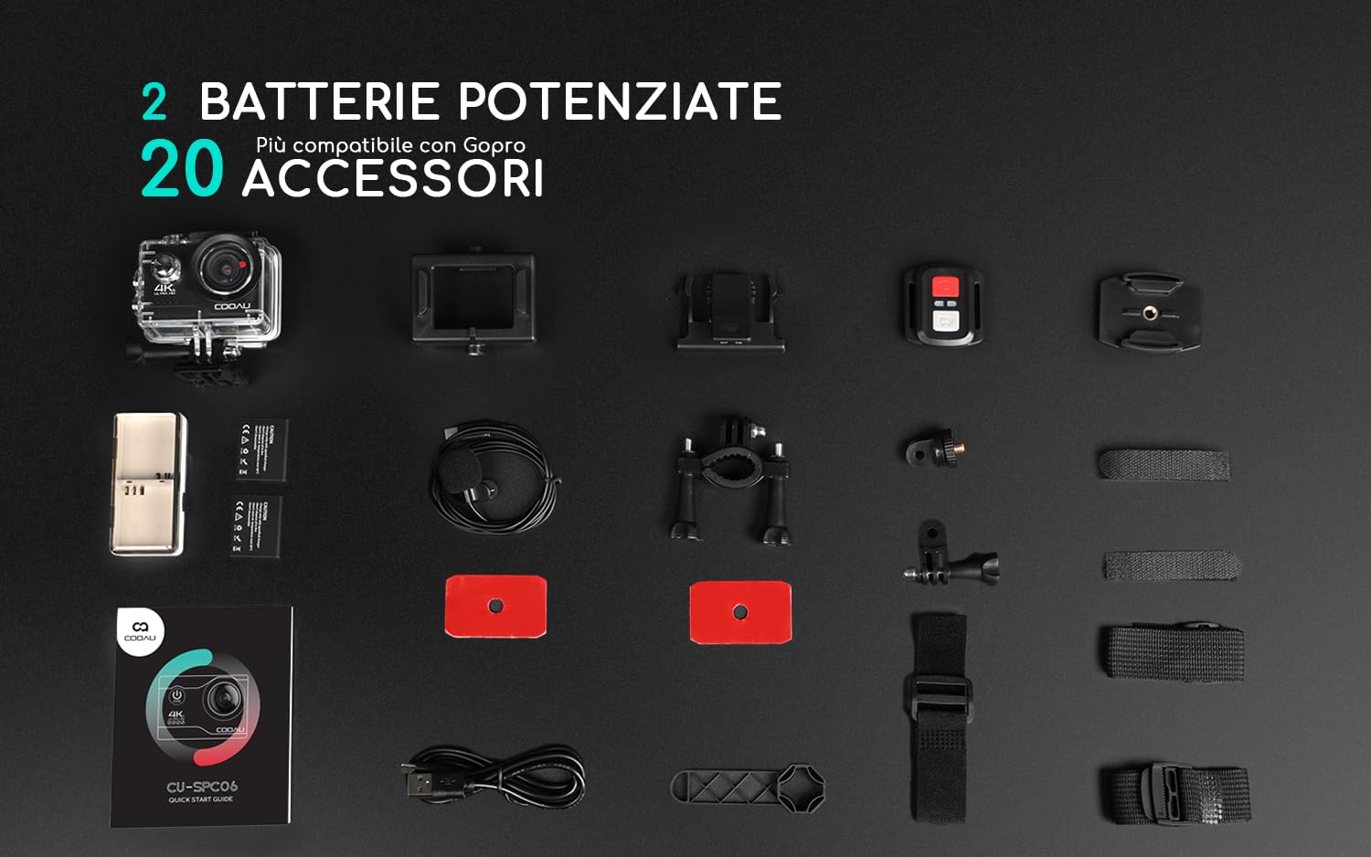 COOAU Action Cam HD 4K 64MP WiFi Con Microfono Esterno Fotocamera Sott'acqua 40M con Telecomando Videocamera Impermeabile 170° Grandangolare Time Lapse/2 Batterie 1200mAh/Accessori