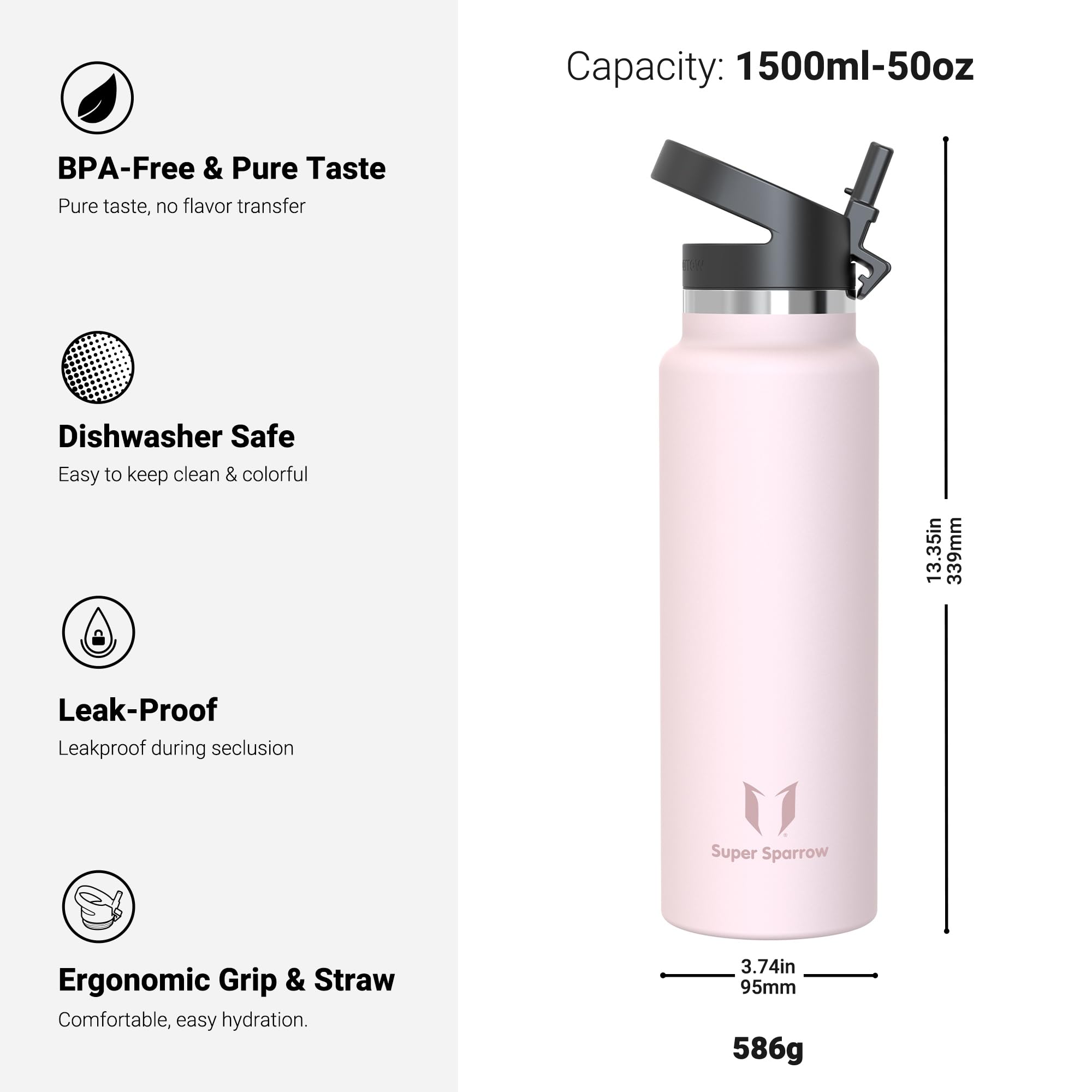 Super Sparrow Borraccia Termica - 500ml, 750ml, 1000ml, 1.2L, 1.5L- SwivelSip Inox Bottiglia - Senza BPA Borracce Termiche, Borraccia Ergonomica per Bambini, Sportiva, Bici, Campeggio, Palestra - 3