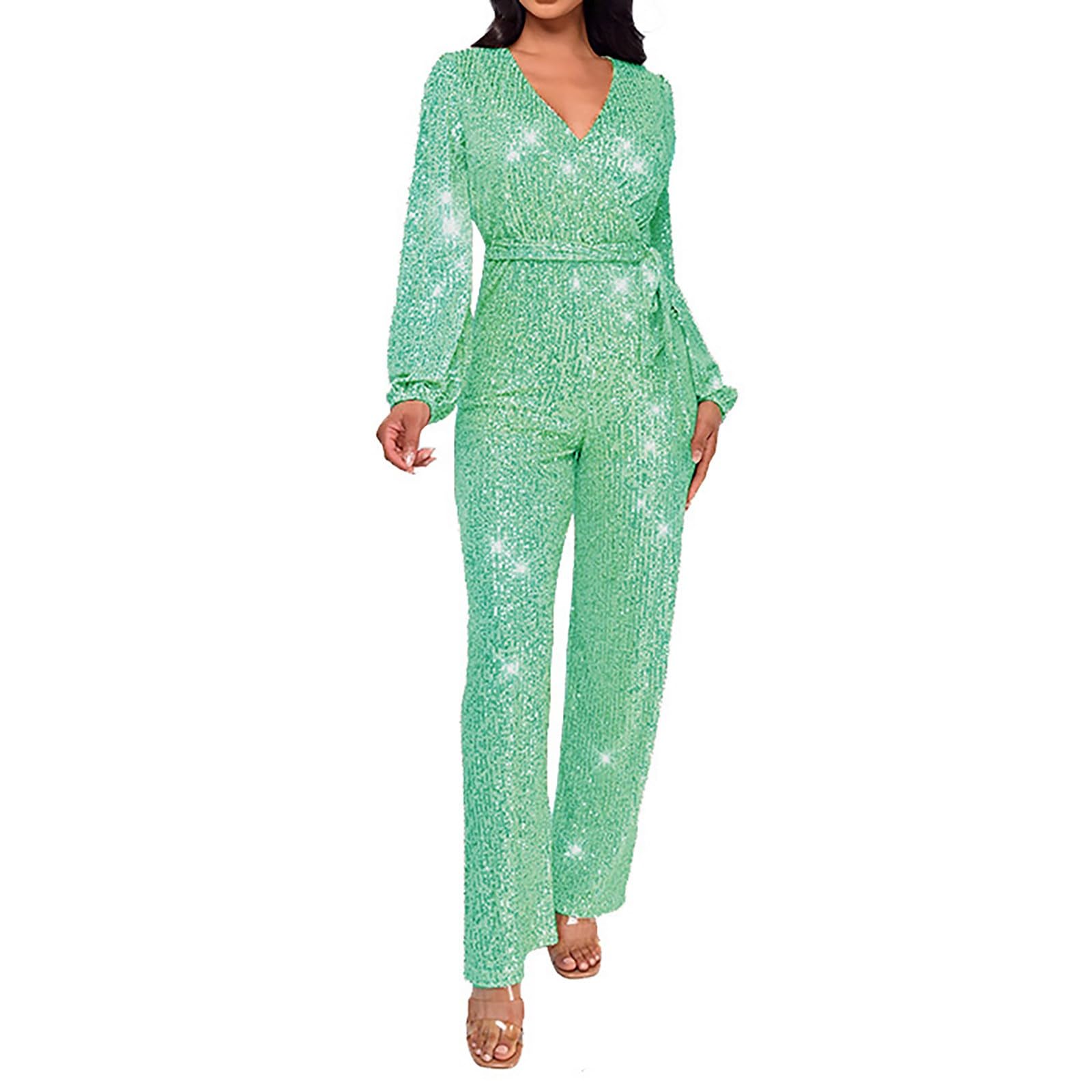 Combinaison à paillettes pour femme - Paillettes brillantes - Col en V - Manches longues - Barboteuse droite et large - Pantalon long, Vert, M