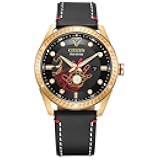 Eco-Drive Men's Marvel Tony Stark Gold Tone Stainless Steel Watch with Black Leather Strap, Arc Reactor, Luminous, 43mm (Model: BM6992-09W)