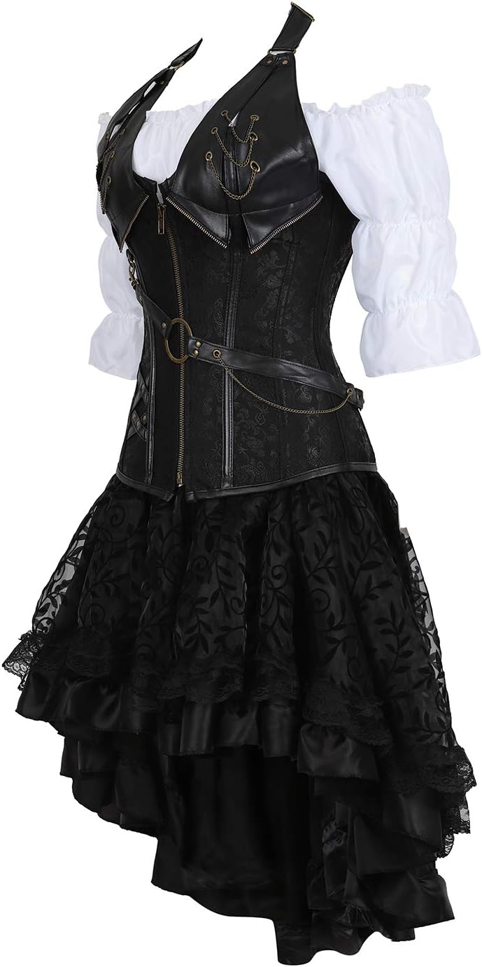 Grebrafan Steampunk Leather Corsets Bustiers Skirt Blouse Set 3 piece Boned Corset Outfits for Women