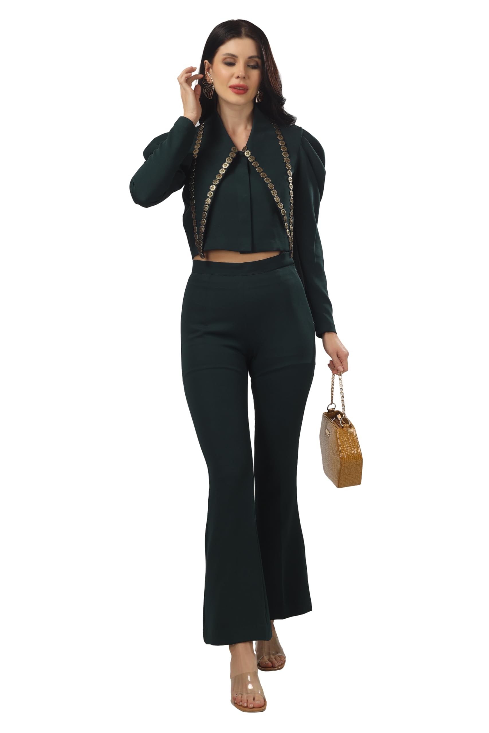 wownoon Women's Two-Piece Co-ord Set, Crop Blazer with Flared Pants, Dark Green-picture-50