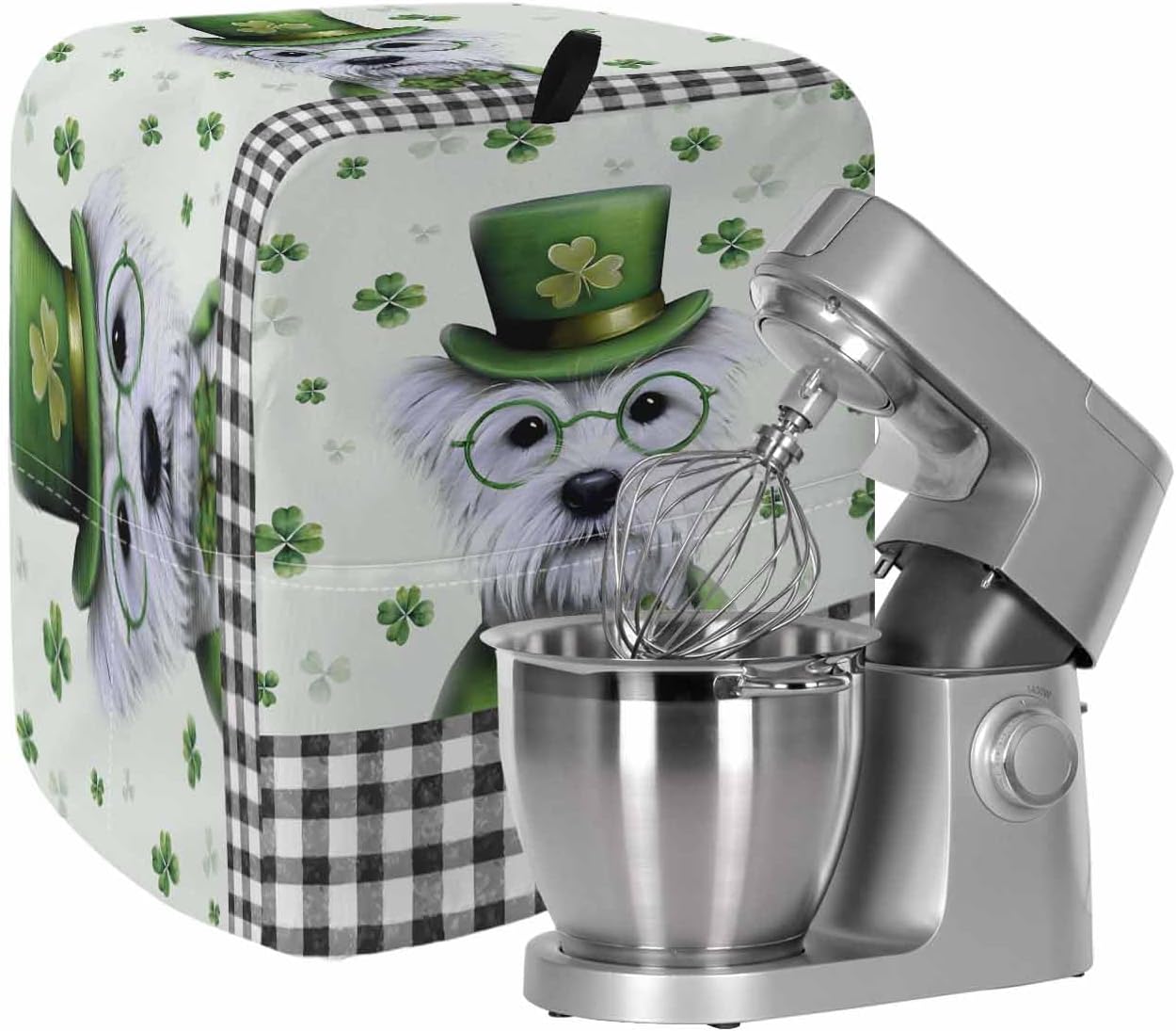 St. Patrick's Day Stand Mixer Cover with Storage Pocket, Waterproof Kitchen Mixer Covers, Cute Puppy Lucky Shamrock Black Plaid Kitchen Appliance Dust Cover Compatible with 6-9 Quart Mixers