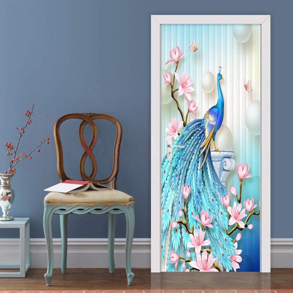 Rénover une porte abîmée avec l'autocollant en PVC fleurs de paon