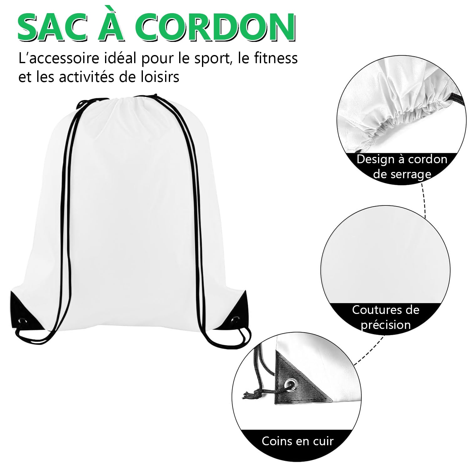 Lot de 30 Sacs à Cordon pour Sublimation, Polyester Blanc 40 x 34 cm | Sacs de Gym Personnalisables Compatibles Presse à Chaud pour Sport, DIY, Cadeaux, Clubs, Événements et Projets Créatifs