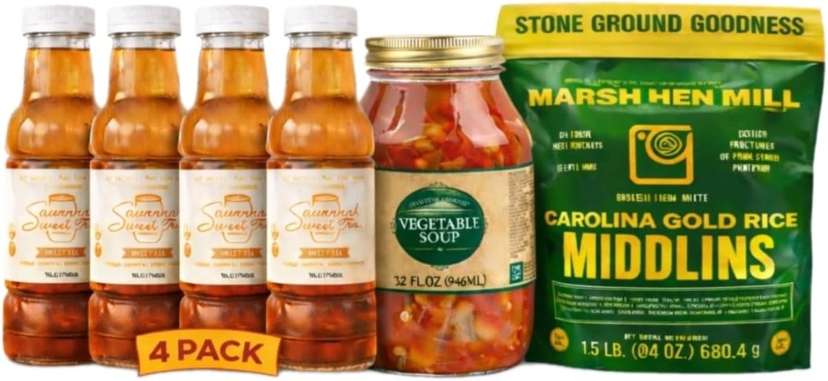 - Charleston Favorites Vegetable Soup Meal Bundle – Vegetable Soup, Marsh Hen Mill Carolina Gold Rice Middlins & 4 Pack Savannah Sweet Tea Southern Comfort Food