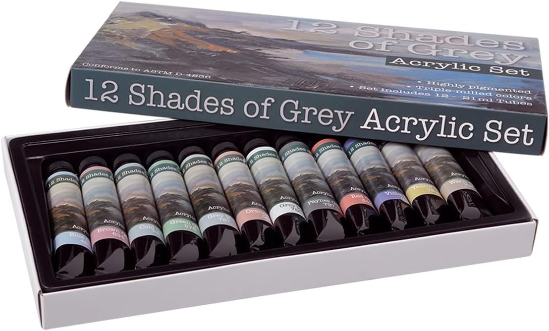 12 Shades Of Grey Acrylic Paint Colors - Set of 12 Assorted Greys (21ml/0.7oz), Highly Pigmented Grey Colors for Painting & Crafts