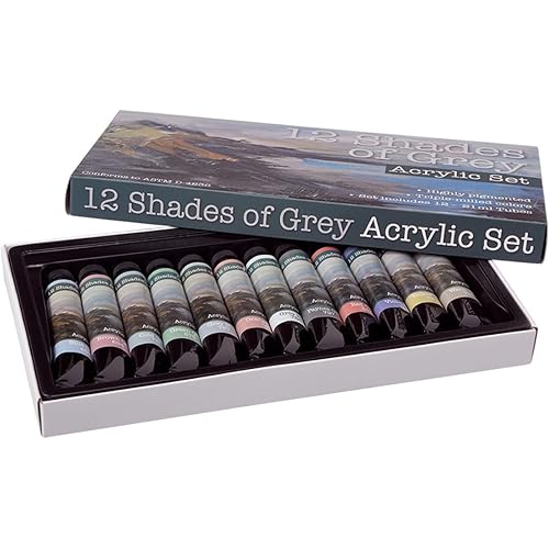 12 Shades Of Grey Acrylic Paint Colors - Set of 12 Assorted Greys (21ml/0.7oz), Highly Pigmented Grey Colors for Painting & Crafts