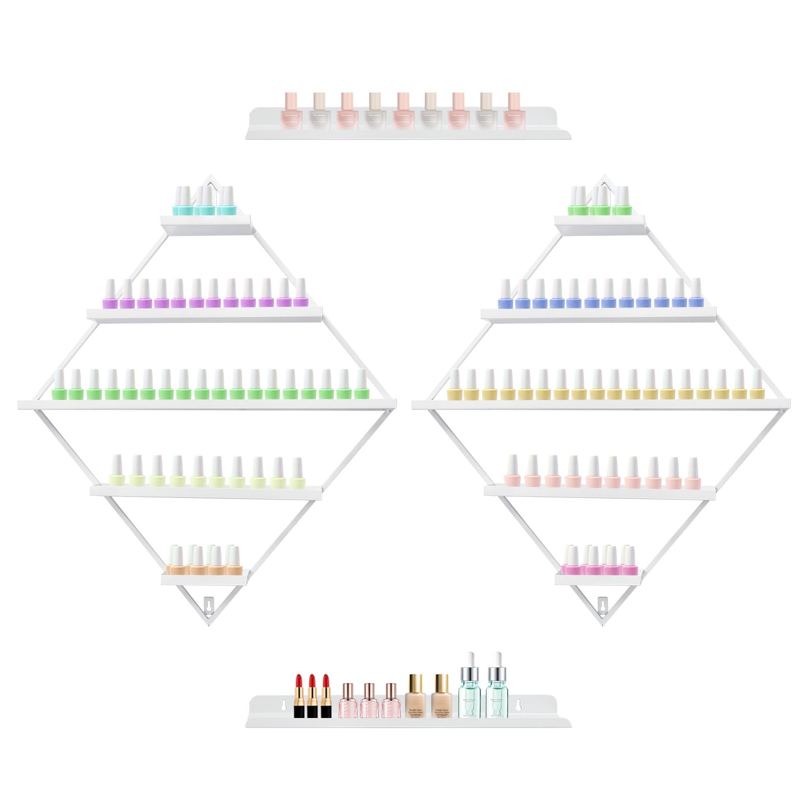 Scaffale per smalti in metallo a forma di diamante, organizzatore per smalto per unghie, oli essenziali, rossetto (bianco)