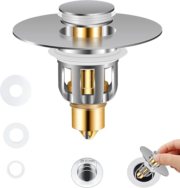 Pop Up Sink Plug Bathroom Sink Stopper Universal 28-51mm Cadrim Pop Up Bath Plug Basin Push Type Anti-Clogging Kitchen Sink Stopper Bathtub Stopper Tub Bullet Core 3 Gaskets Stainless Steel + Brass