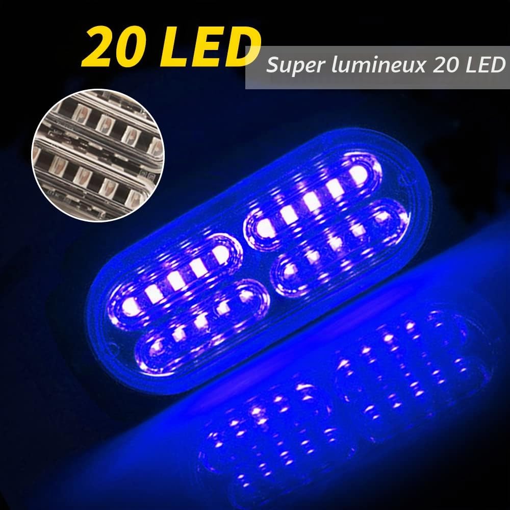 4x20 LED Lumiere Calandre Voiture 18 Modes Stroboscopiques Urgence Clignotant Balise Lampe Bleu Avec TéLéCommande Sans Fil Pour 12-24V Voitures Camions Fourgon Tracteurs LED Lumière