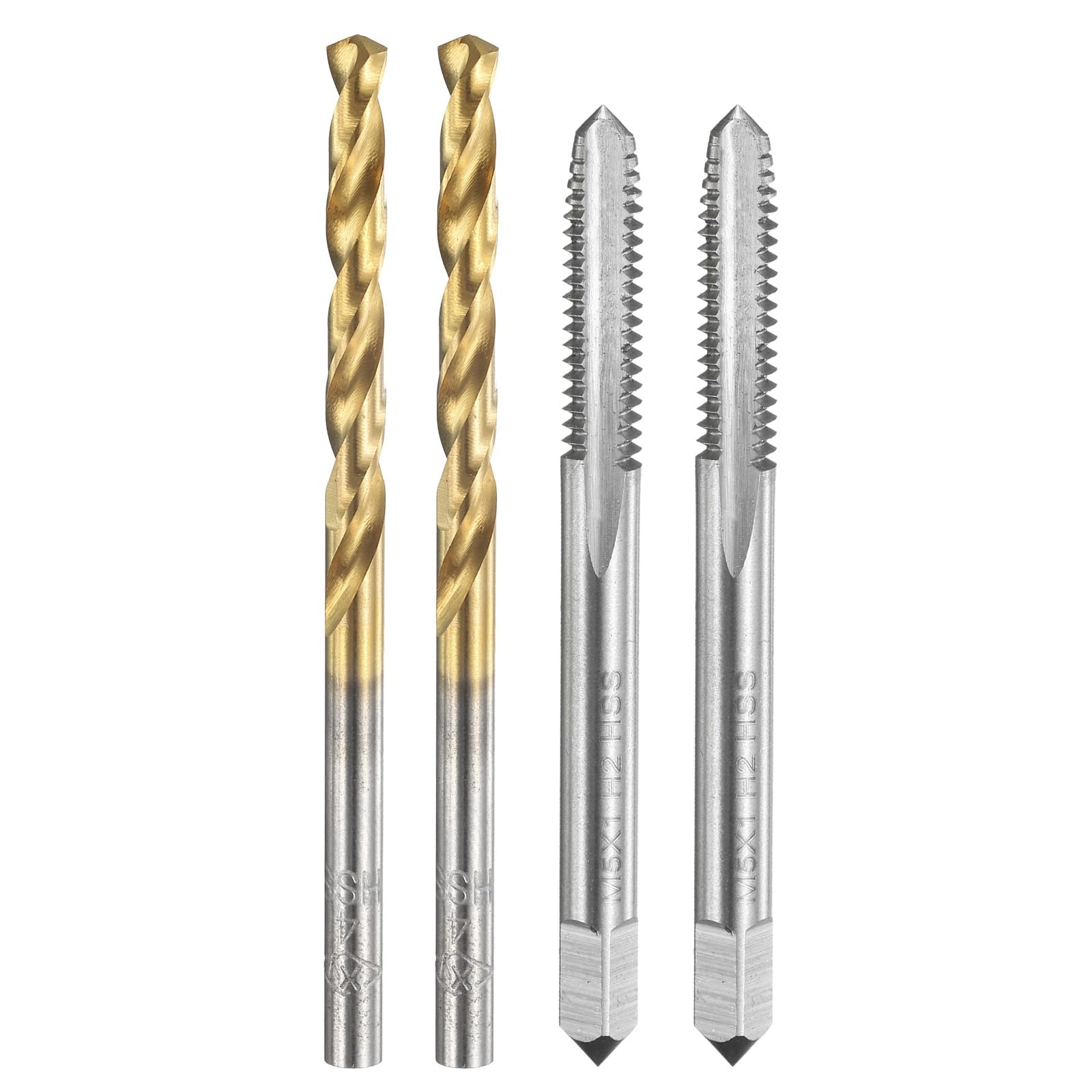 Set di maschi e punte da trapano, 2 maschi per filettatura metrica a scanalatura dritta M5 x 1 e 2 punte elicoidali da 4,0 mm, kit di utensili per filettatura HSS-6542 non rivestiti/rivestiti in ti