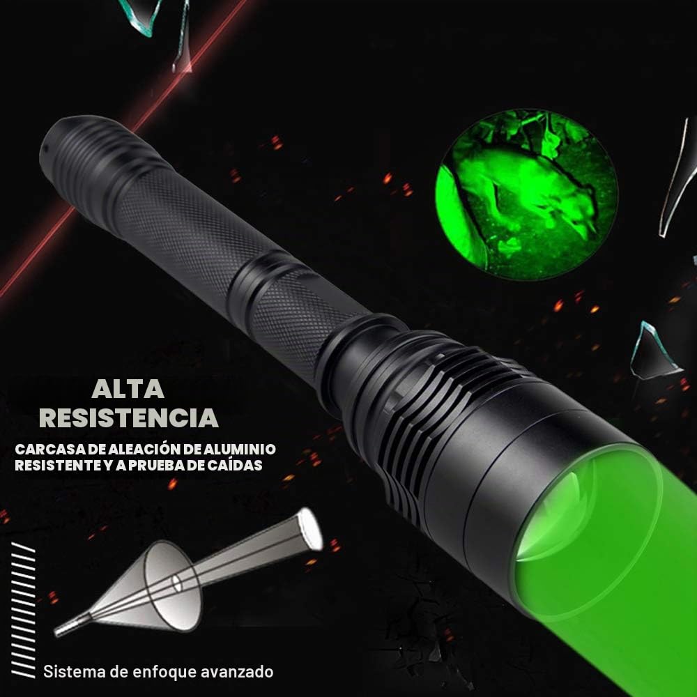 Luz Verde de Caza con Vision Nocturna, Linterna con Zoom 1 Modo, Largo Alcance con Pulsador Remoto, Baterías Recargables y Tubo de Extensión