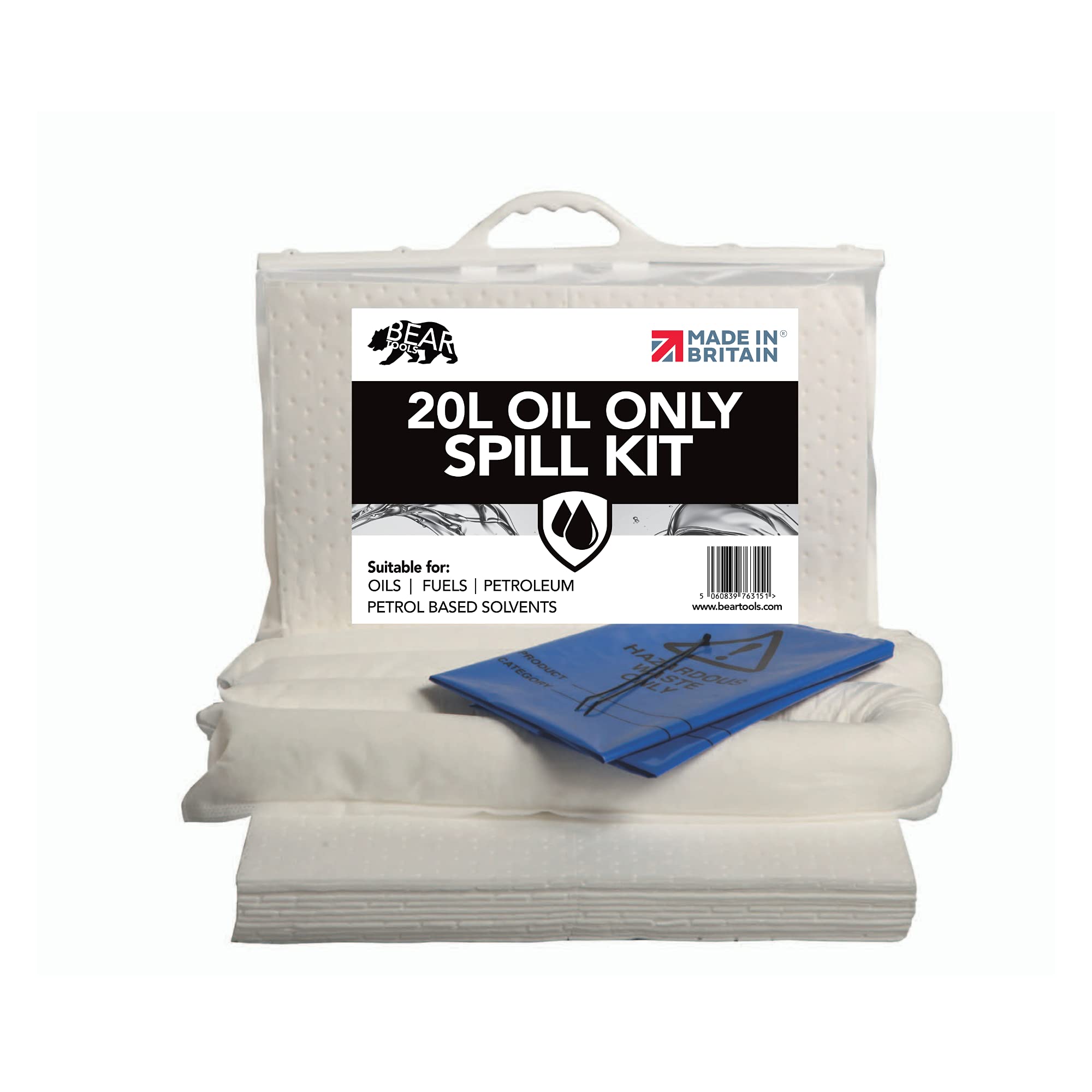Buy 20L Oil and Fuel Spill Kits, UK Manufactured, White, Repels Water