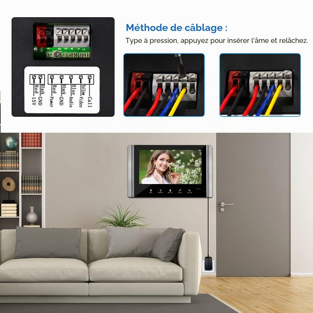 Sonnette de Porte Vidéo Filaire 7" Moniteur Vidéo - Kit Caméra HD-Soutien de Déverrouillage - Interphone Bidirectionnel pour Villa,Maison,Bureau,Appartement