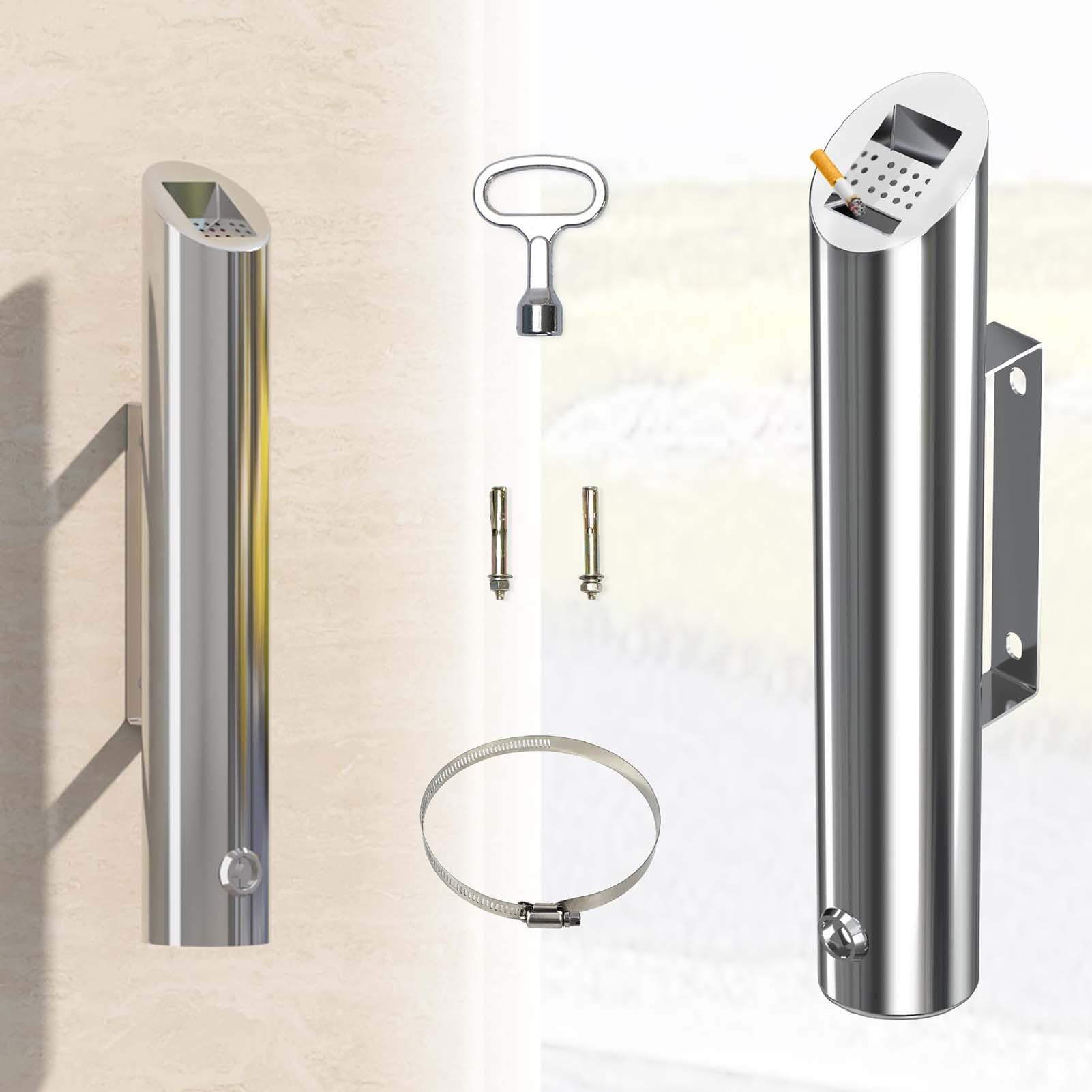 Cenicero montado en la pared, contenedor de residuos de acero inoxidable para exteriores, soporte para colillas de cigarrillos de 1,8 L con llave, contenedor de ceniza de pie para cigarrillos
