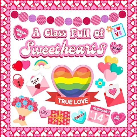 LioNergy Valentine's Day Bulletin Board Decoration Kit Rainbow Heart Envelope Gift Paper Cutouts Sweetheart Love February Classroom Bulletin Boards Set for Kids School Party Home Door Decor Cover