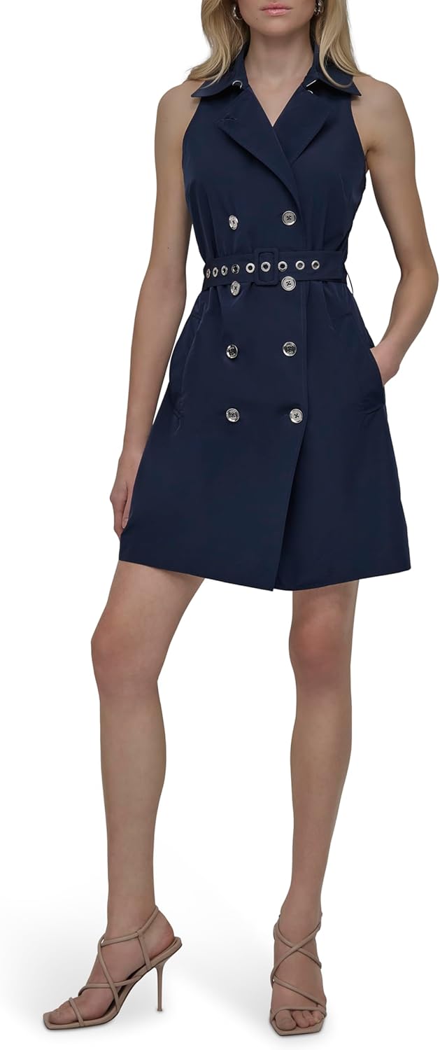 DKNY Women's Sleeveless Collared Neck Dress with Removable Belt with Grommets