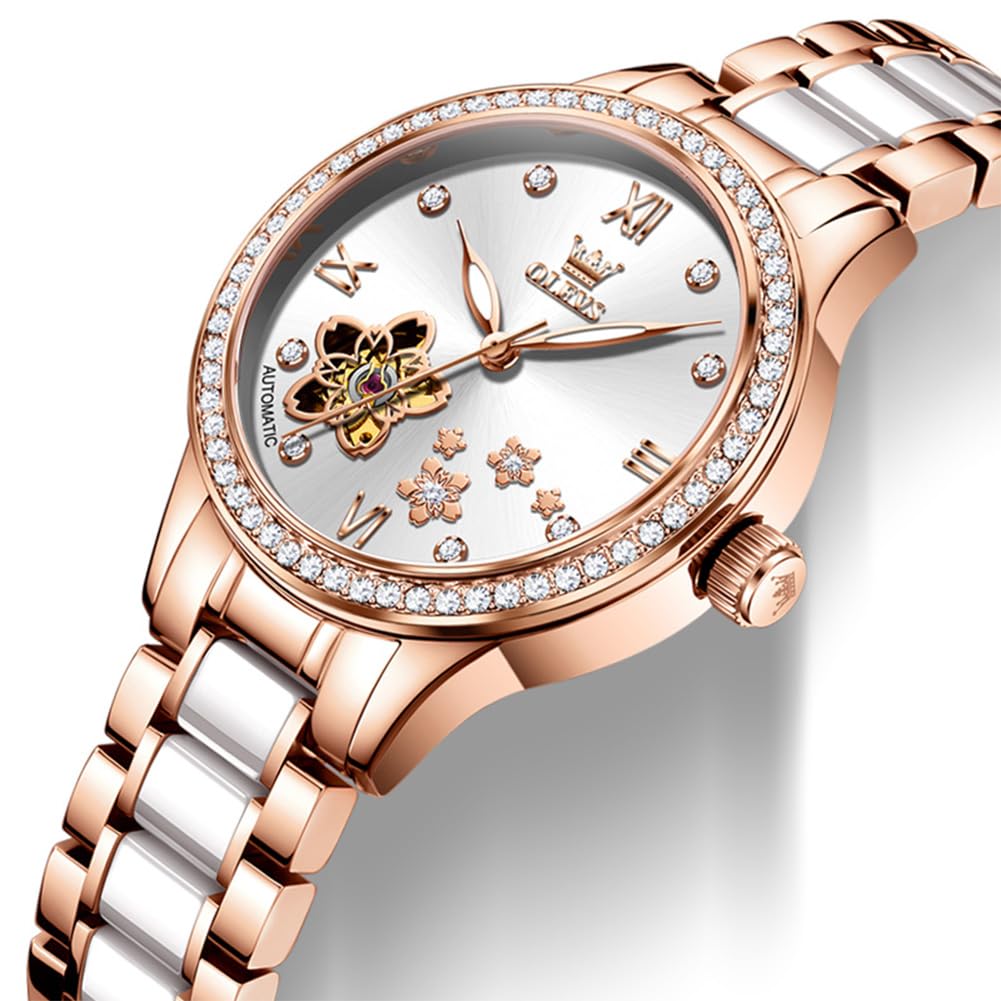 OLEVS Orologio automatico da donna in acciaio inossidabile con diamante a carica automatica, orologio luminoso e impermeabile