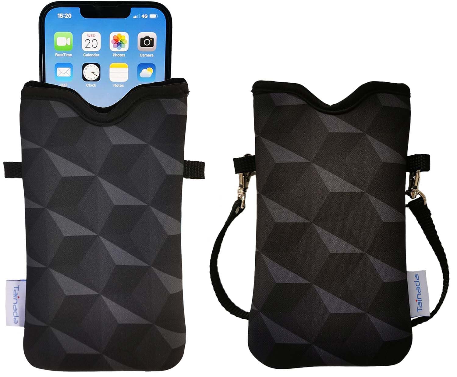 Tainada Men Women Neoprene Phone Sleeve Pouch Case Bag with Crossbody Strap/Neck Lanyard for iPhone 16/15/14 Pro Max, 16/15/14 Plus, Samsung S24+, S23, A54, Google Pixel 9 (Black Geometric Pattern)