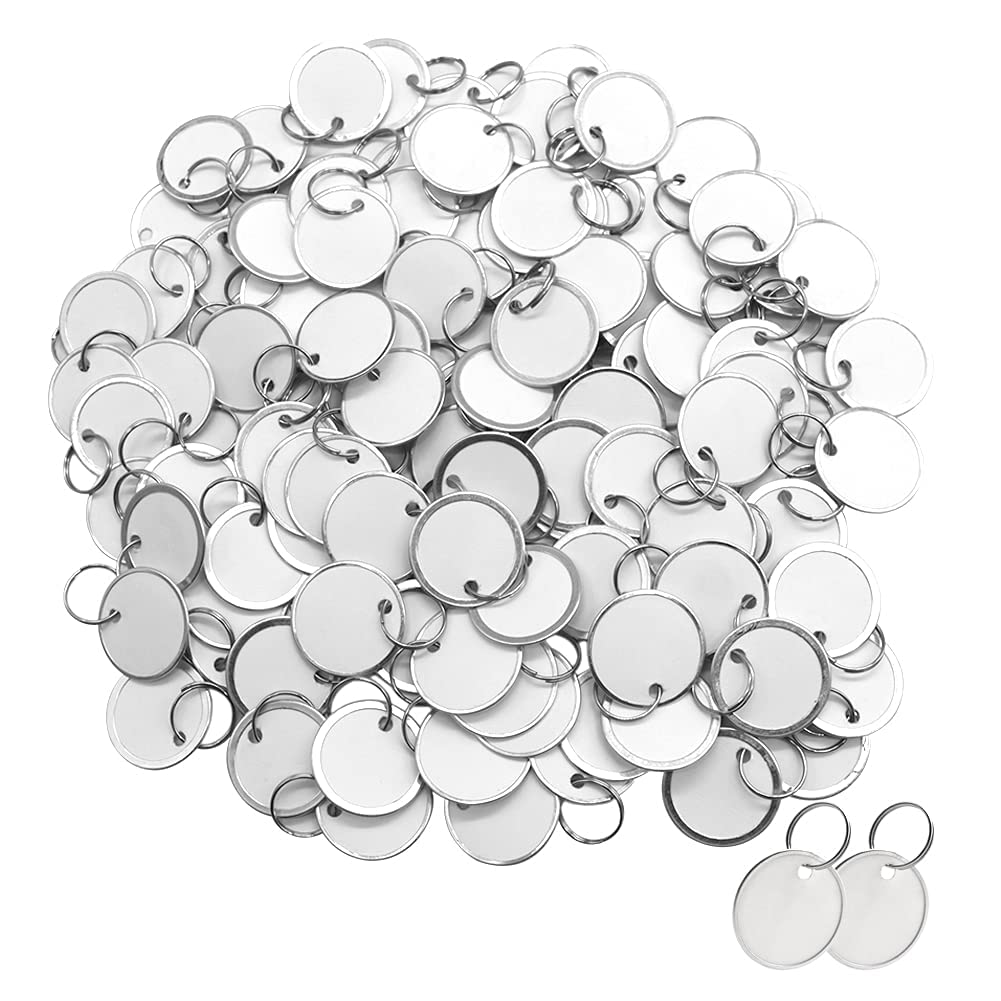 TERRIFI 100Pcs Metal Rim Key Tags,1-1/4 Inch Blank Round Rimmed Key Tag Paper Tags with Metal Split Rings,Small Coded Key Chain Keyring Set for Luggage,Pets,Kids Backpack,White