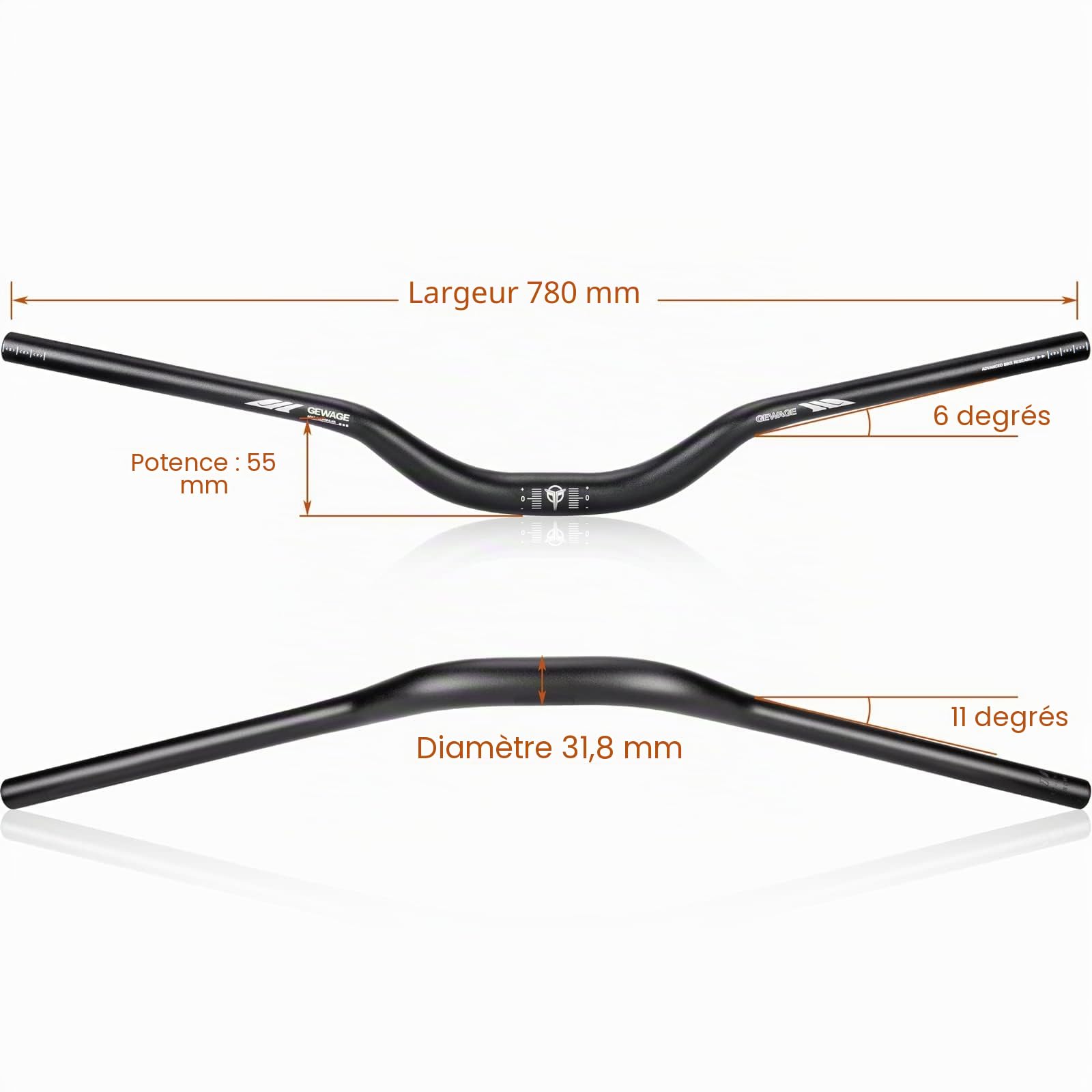 GEWAGE Guidon Riser 780 mm — Aluminium 6061, Serrage 31,8 mm, Inclinaison 12°, 5 Hauteurs (25/55/70/90/120 mm) — Large, Léger, Polyvalent VTT/Gravel/Route (Black, 55mm Rise)