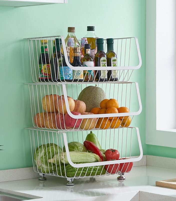 BEONE 3-Tier Wire Storage Shelving Vegetables Fruits Rack Unit for Home Bathroom Kitchen with Wheels, BEONE 3 Shelves Unit Metal Kitchen Storage Rack (3-Tier with Wheels, White)