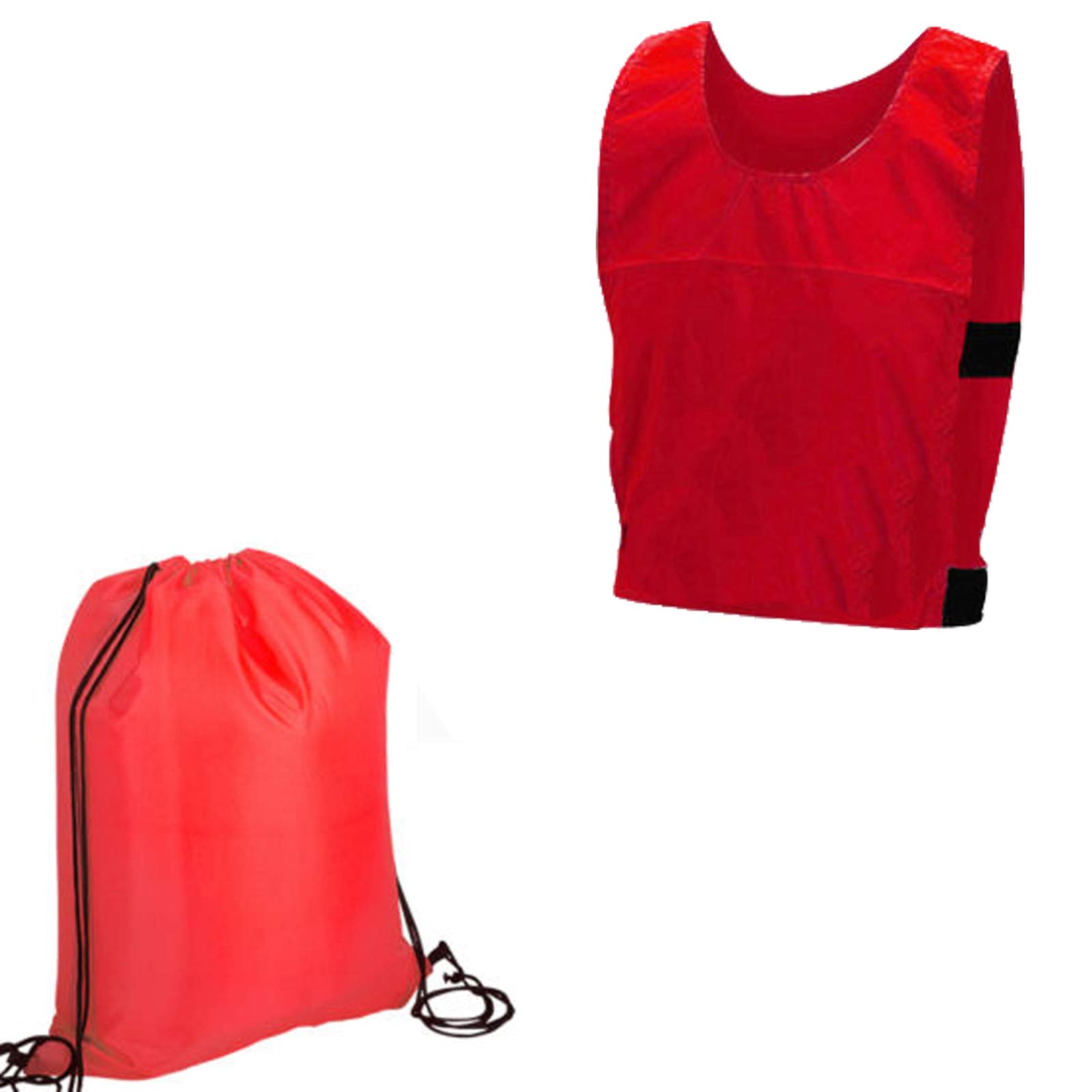 Sufiah Pack of 10 Sports Training Bibs Soccer Team Rugby Match Outdoor Sports Kit Kids Adults Netball Shirt (10x RED+BAG, S)