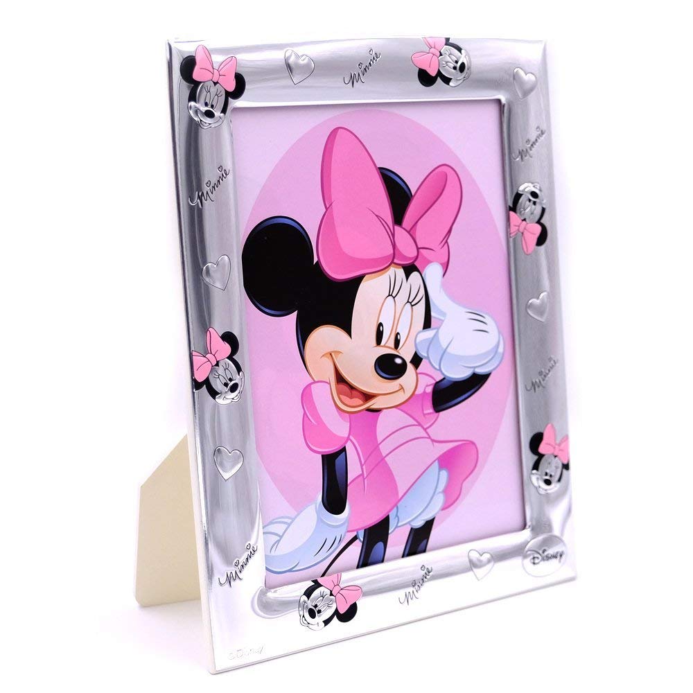 VALENTI & CO. Disney Baby Minnie Mouse Cornice Porta Foto Da Tavolo In Argento Per Neonato E Bambina & Disney Clip Ciuccio, Catenella Portaciuccio Con Box In Argento (Rosa)