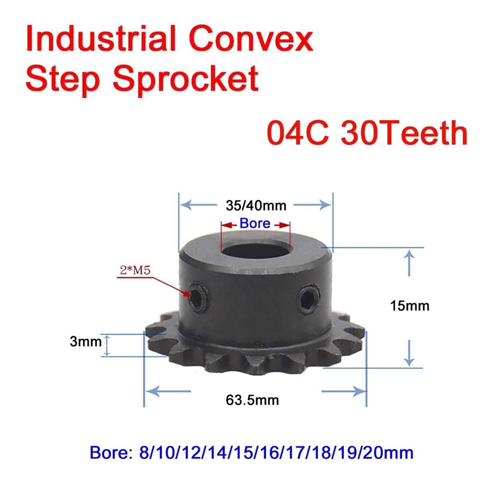 Bevel Gear Pinion Hardware Mechanical 04C Chain Gear 30 Teeth Industrial Sprocket Wheel Bore 8/10/12/14/15/16/17/18/19/20mm Top Wire M5(16mm)