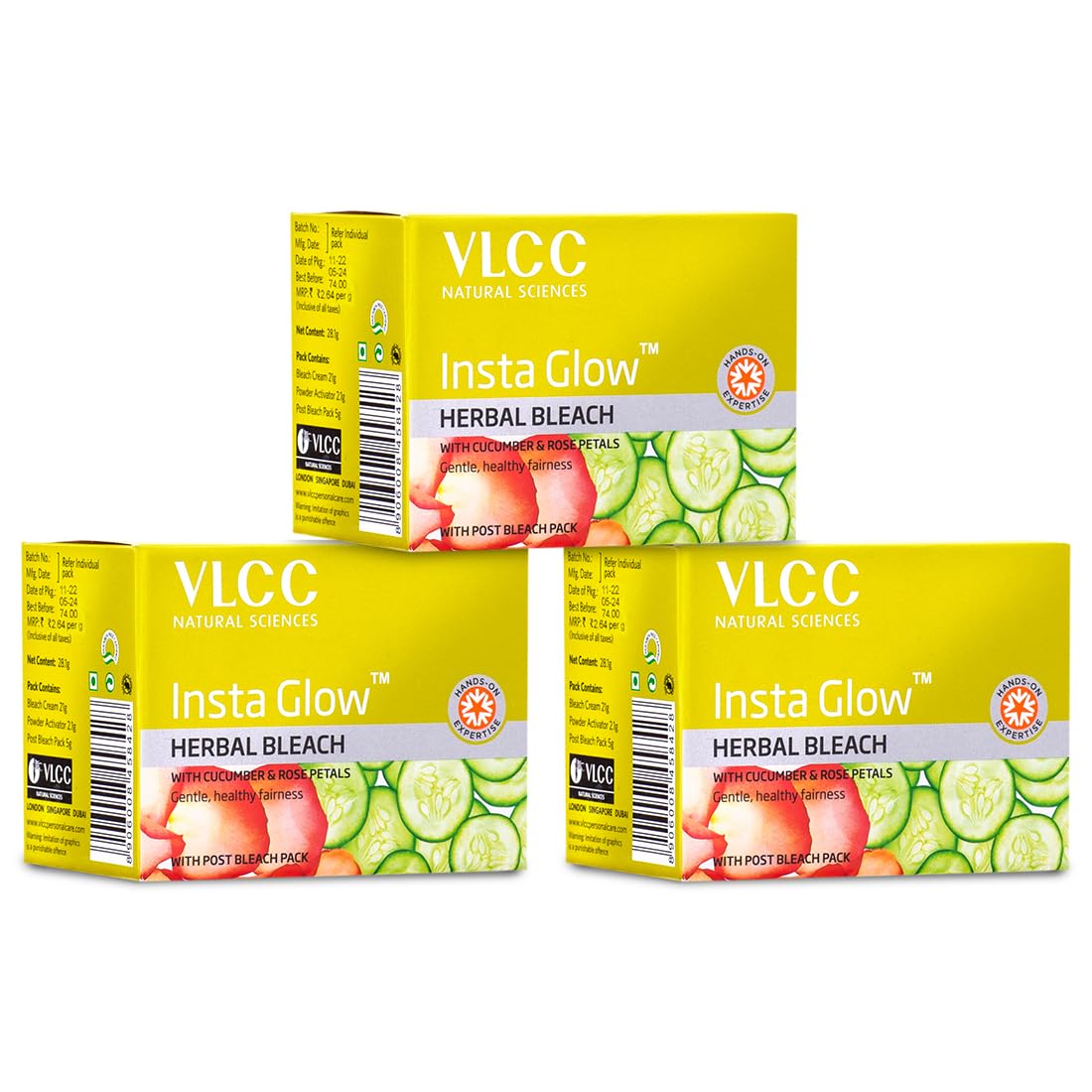 VLCC Insta Glow Herbal - 27g X 3 (Pack of 3) | Fades Facial Hair, Lightens Facial Hair | With Cucumber & Rose Petals | Skin Whitening