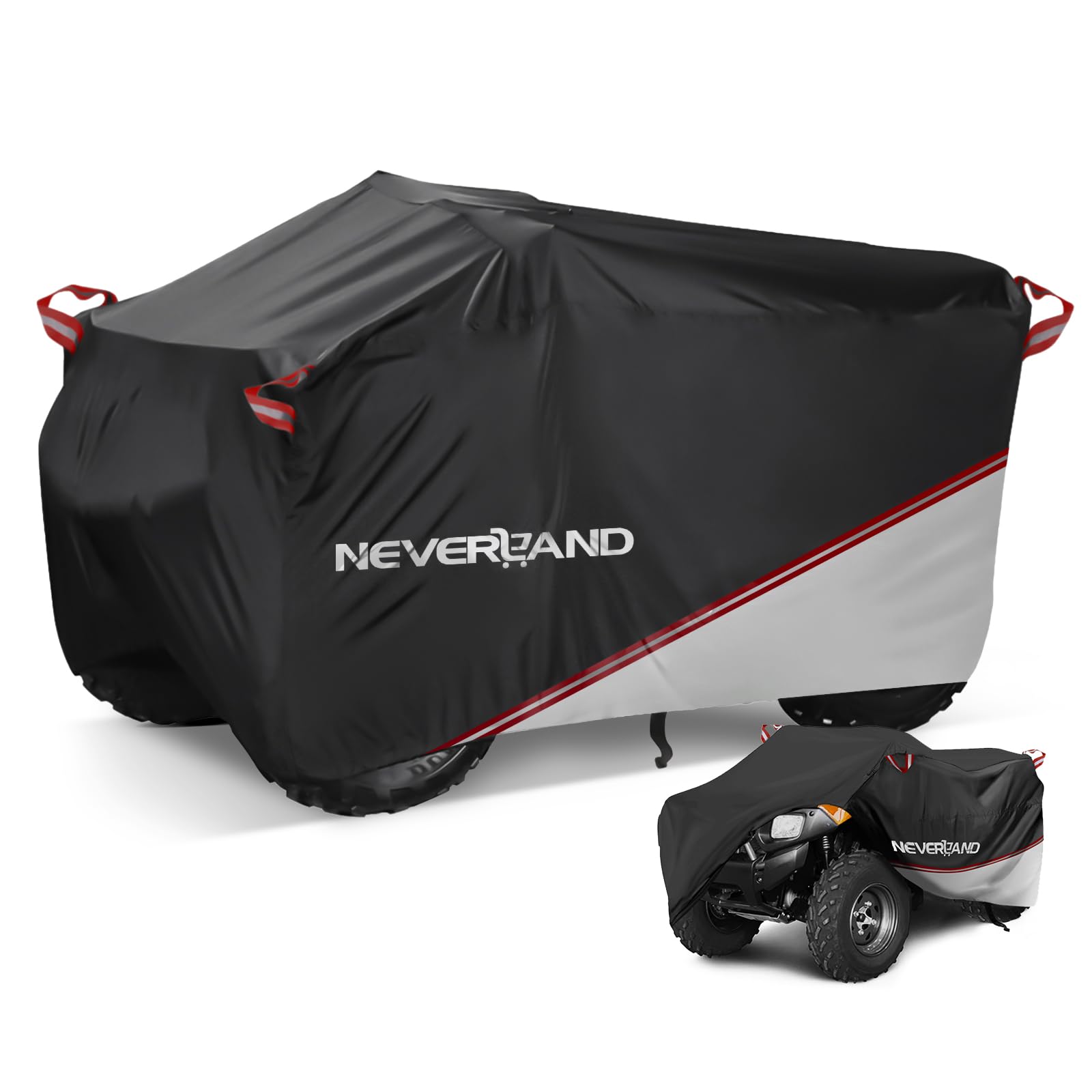 NEVERLAND Waterproof ATV Cover, Outdoor Heavy Duty Quad Cover Tear-Resistant 4 Wheeler Covers All Weather UV Protection for Polaris Sportsman Yamaha Honda Quad Bike (Silver & Black XL)
