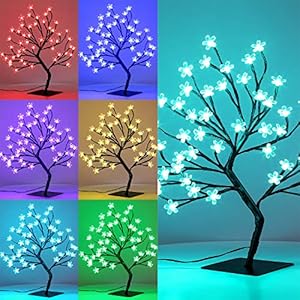 Brightdeco Lighted Cherry Blossom Tree – 1.5FT 48 LED 16 Color-Changing 4 Modes Plug in Artificial Bonsai Tree As Night…