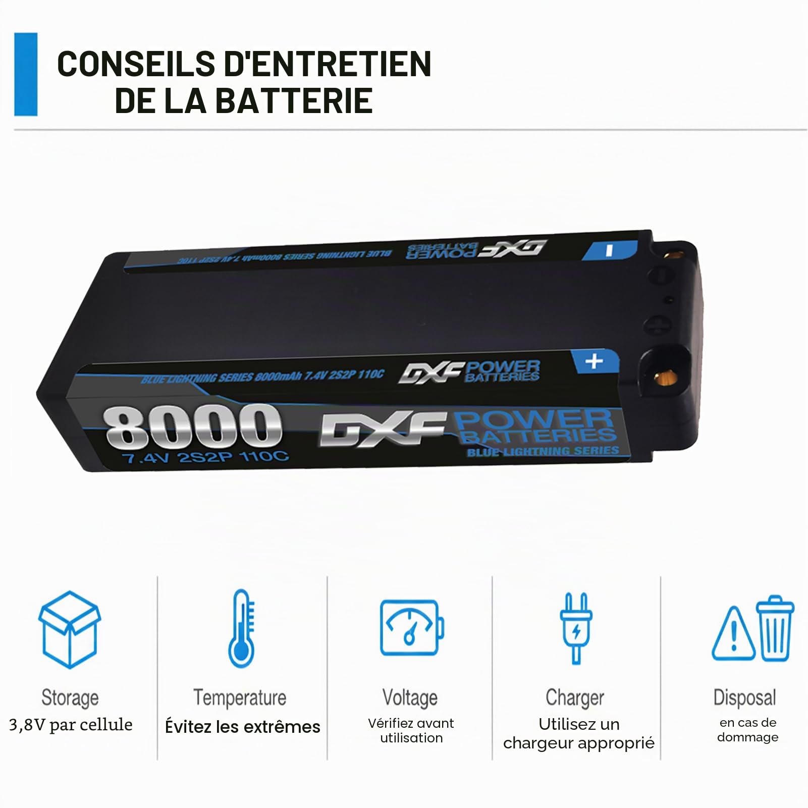 DXF Batterie LiPo 2S 8000mAh 110C 7.4V Prise 5mm Lot de 2 Boîtier Rigide pour Voiture RC 1/10 Camion Buggy Short Course Racing Hobby Haute Décharge Rechargeable Polymère Lithium Pack