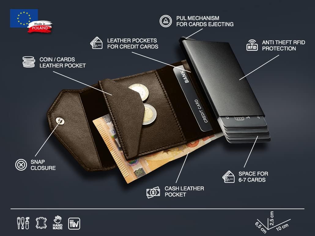 PULARYS Mini Wallet RAVEN - Multifunckion Credit Card Case - Italian Leather - RFID blocking - Size: 6.5 x 10 x 2.5 cm - Space for up to 7 Cards - Classic Design