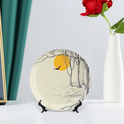 Miniatura 6 de Plato decorativo de 7 pulgadas, decoración de apartamento, artesanía de cerámica, luna llena en el bosque con rama seca, gaviota, tranquilo,