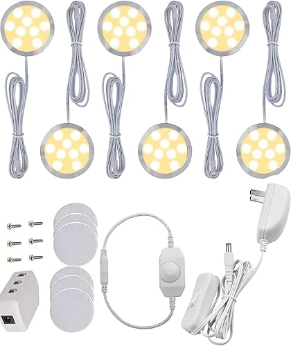 Cefrank Juego de 6 luces LED regulables, juego de 6 luces blancas cálidas para debajo del gabinete con interruptor de atenuación giratorio, total de