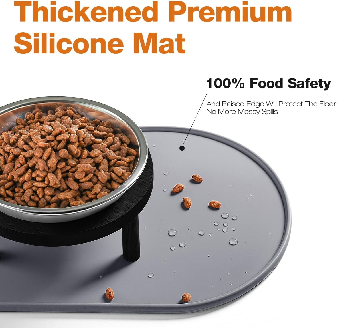 Elevated Cat Bowls with Food Mat,6.3 Inches Shallow Raised Bowls Whisker Friendly,2 Stainless Steel Cat Food and Water Dishes for Cats and Puppies,Dishwasher Safe(Black)