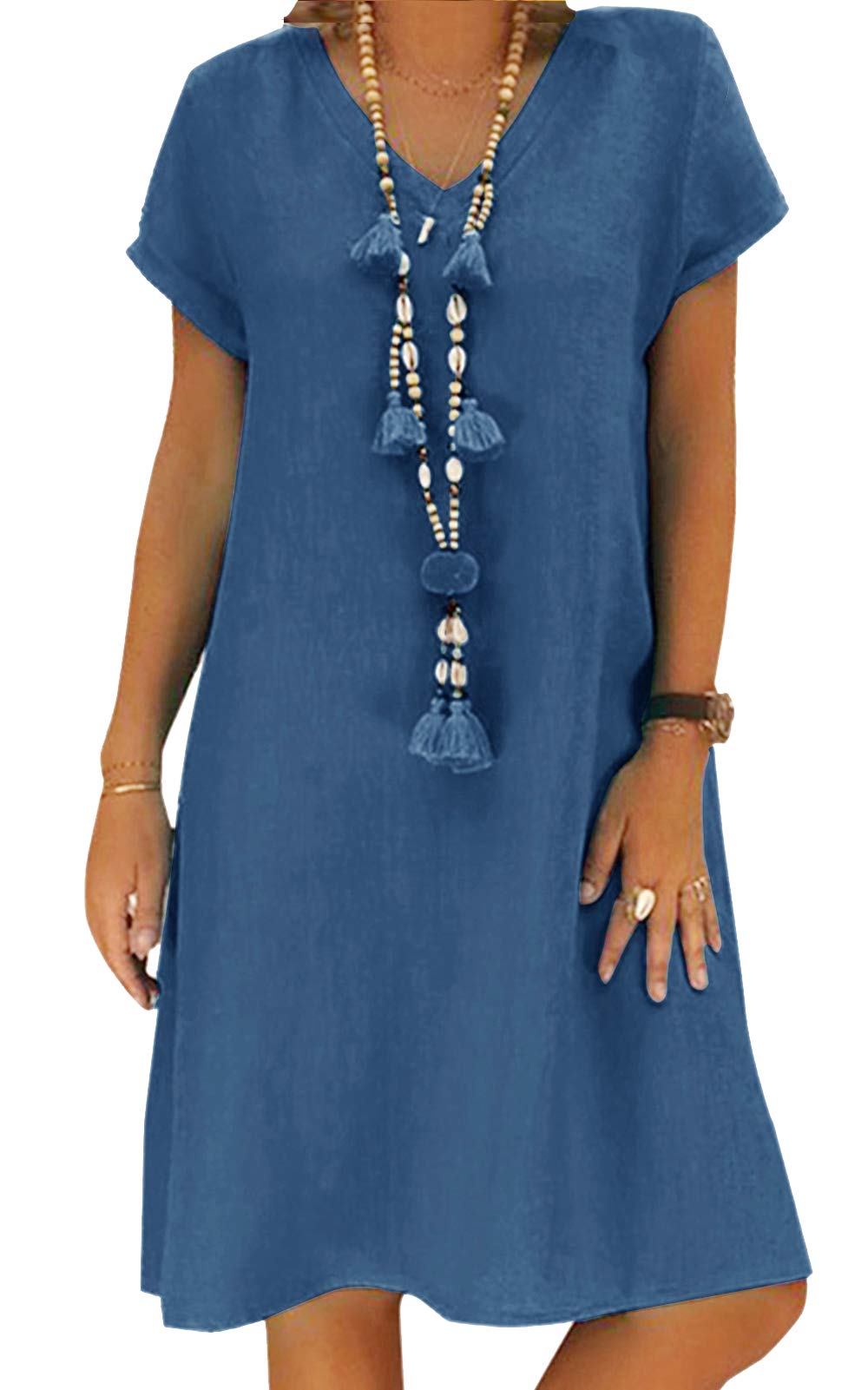Yidarton Sommerkleid Leinen Kleider Damen V-Ausschnitt Strandkleider Einfarbig A-Linie Kleid Boho Knielang Kleid Ohne Zubehör