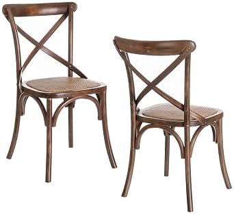 LOLAhome - Pack de 2 sillas de Comedor Aspas de Madera de Olmo Color marrón Oscuro con Asiento de ratán Trenzado en Tono Natural