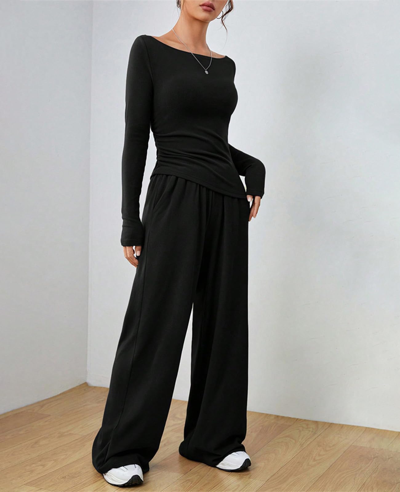 Conjunto Deportivo Mujer Invierno Chándales Chandal Mujer Completo Casual Completo Manga Larga 2 Piezas Suave Top Manga Larga Pantalón Pata Ancha para Fitness Jogging