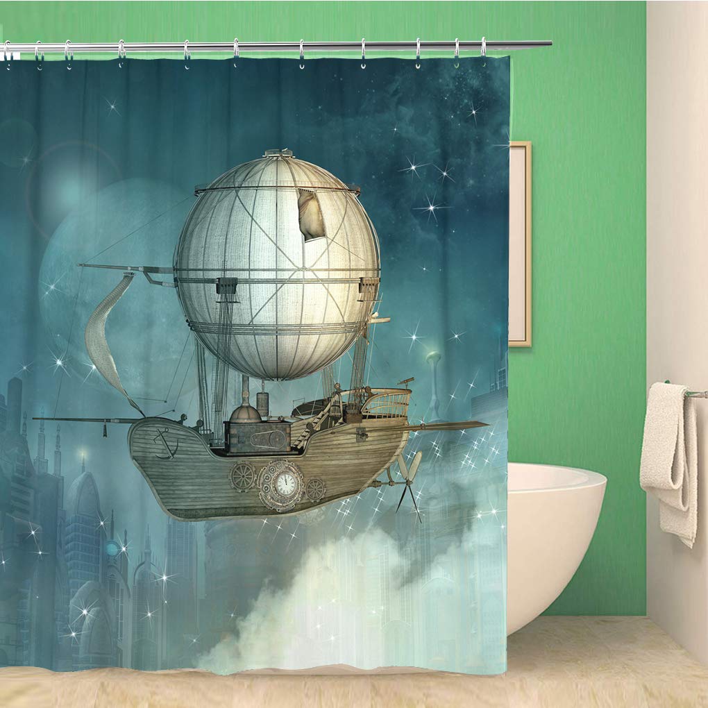 Awowee Color 2 Decor Shower Curtain Steampunk Fantasy Vessel Flies In The Sky Over Futuristic 180X200cm Polyester Fabric Waterproof Bath Curtains Set With Hooks For Bathroom