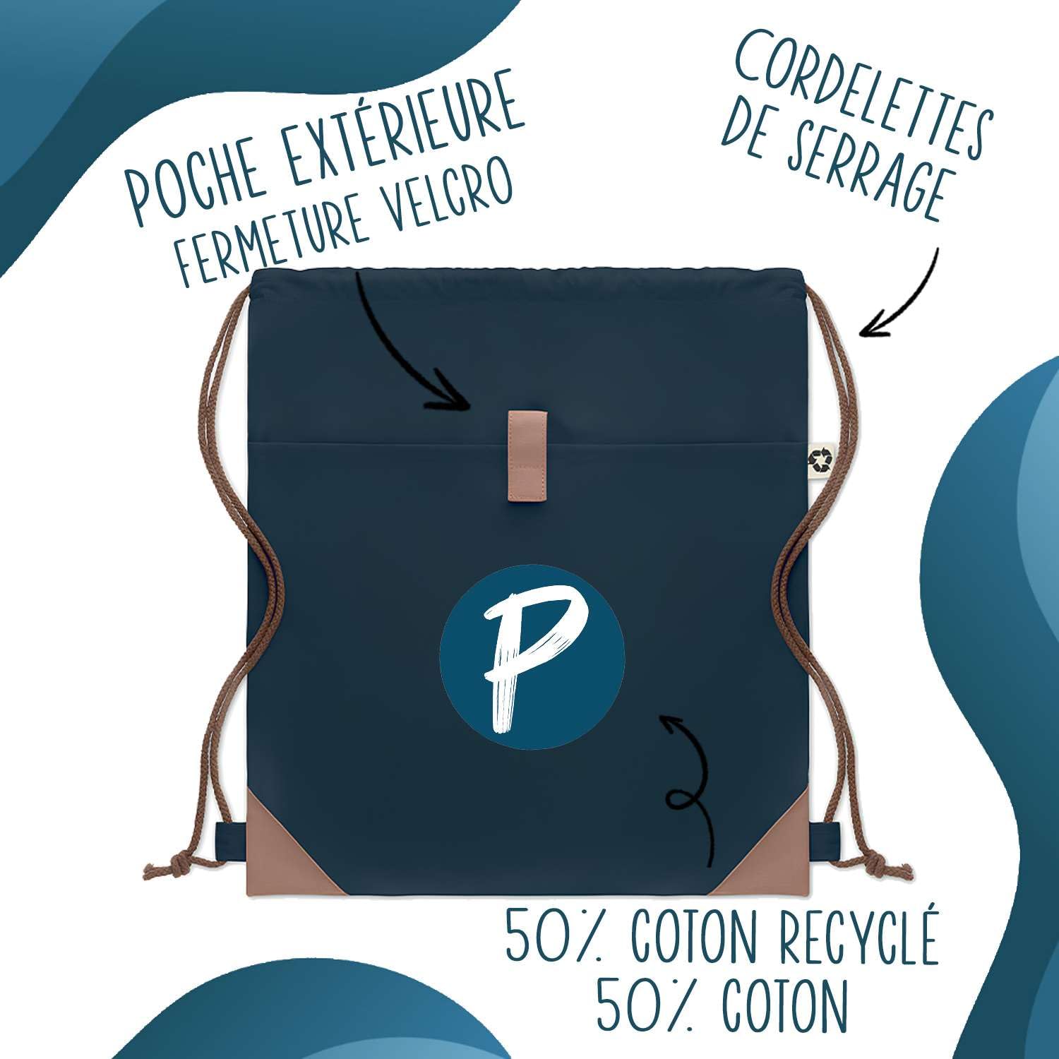 Sac à Dos Bleu avec Pochette J'peux Pas Brocante – Sac de Sport et Gym avec Cordelettes en Toile – Sac Doudou – Idée Cadeau Original Collègue, Anniversaire ou Départ Retraite