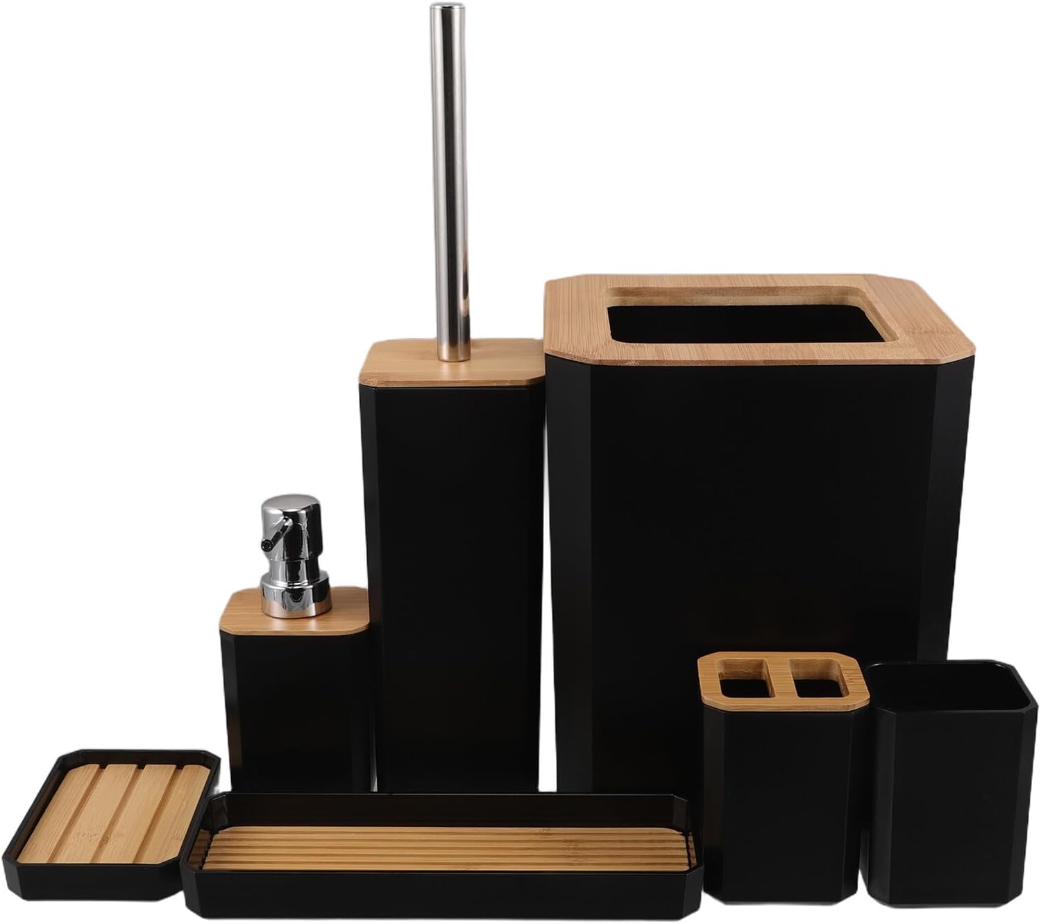 7pcs Black Bathroom Accessories Set with Soap Dispenser, Toothbrush Holder, Soap Tray, and Cup for Home and Hotel Restrooms